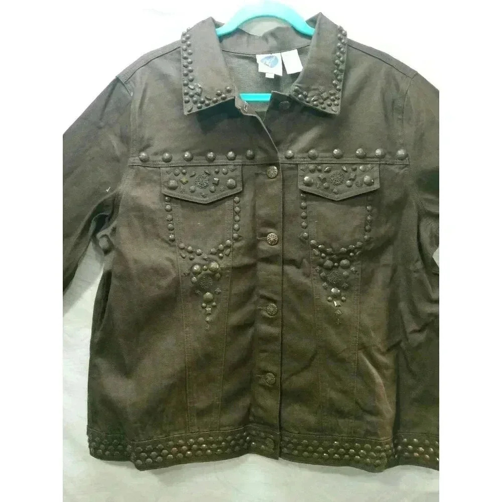 DG Large Embellished Brown Denim Jean Jacket Diane Gilman Size 1X